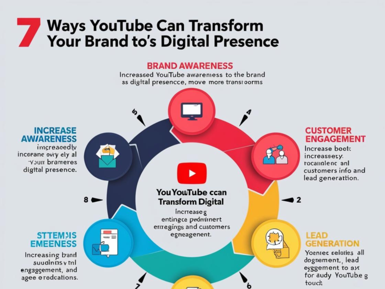 An infographic titled "7 Ways YouTube Can Transform Your Brand's Digital Presence," showing a circular layout with seven sections detailing how YouTube can improve brand awareness, customer engagement, and lead generation.