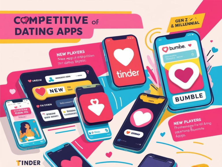 Colorful illustration showing multiple smartphone screens with dating app icons like Tinder and Bumble, representing the competitive landscape of dating apps targeting Gen Z and Millennials.