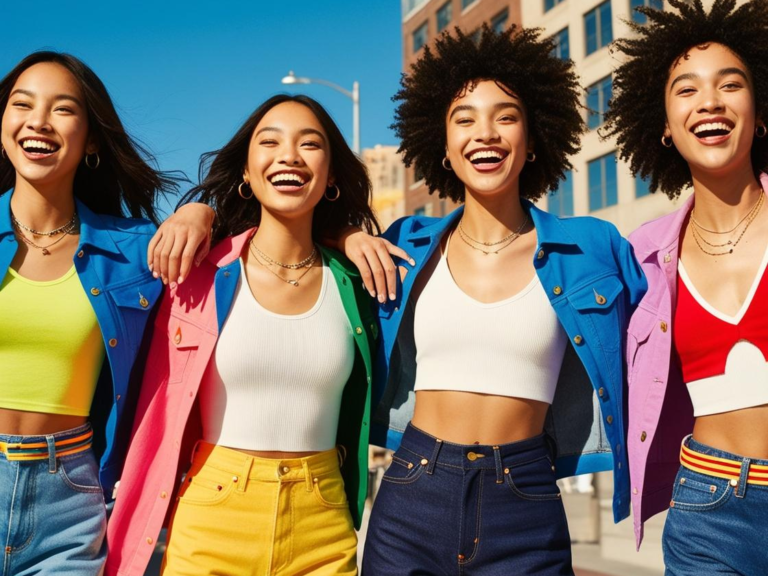 A group of four young women wearing colorful jackets and high-waisted pants, smiling and laughing as they walk arm-in-arm on a sunny city street.