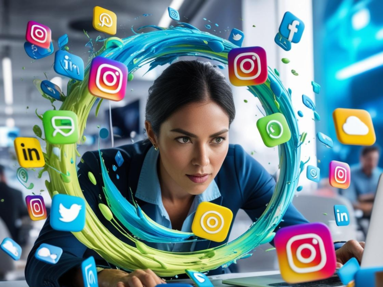 A focused marketer navigates the dynamic world of social media, surrounded by floating icons from platforms like Instagram, LinkedIn, and Twitter.