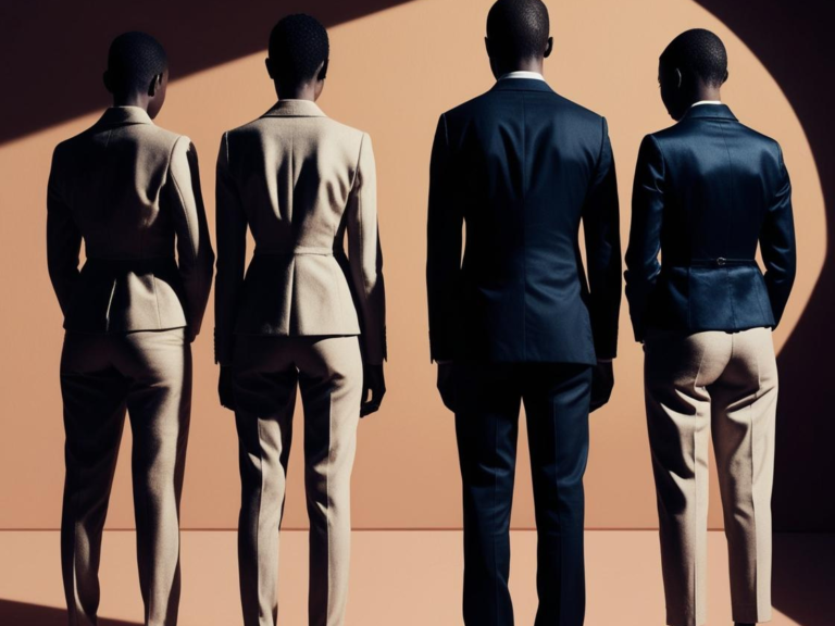 Four individuals dressed in elegant suits stand with their backs to the camera, showcasing a minimalist, modern style in a dramatic lighting setting.