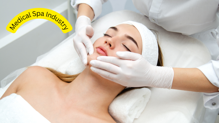 A young woman with a white headband lies on a treatment bed, eyes closed, as a person wearing white gloves gently massages her face. The words "Medical Spa Industry" are written in a curved yellow banner in the upper left corner.
