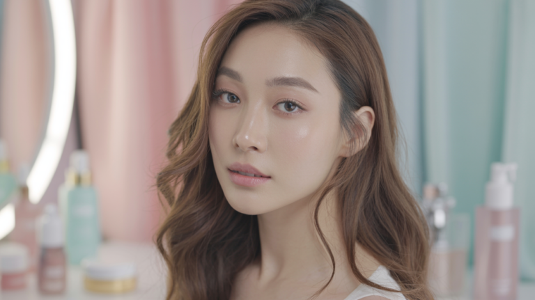Close-up of a woman with glowing, glass-like skin showcasing the results of a Korean skincare routine, in a pastel-toned setting with skincare bottles in the background.