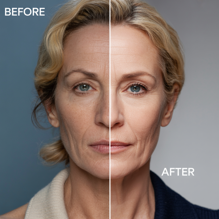 A woman in her forties who has been treated with botox.