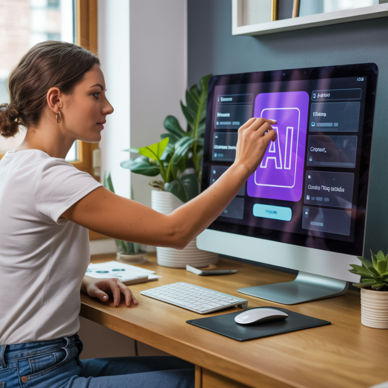 Woman creating a vibrant, AI-generated app interface on a desktop computer, symbolizing no-code app development through prompt-based AI tools.