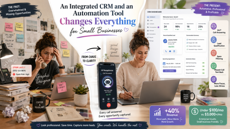 Integrated CRM and automation tool with AI receptionist helping a small business owner answer calls, qualify leads, reduce stress, and capture more clients.